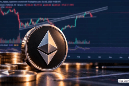 Ethereum (ETH) physical coin positioned in front of a TradingView candlestick price chart.