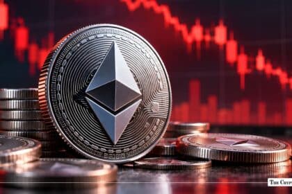 Physical silver Ethereum coin standing in front of a red declining market chart.