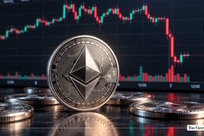 Silver Ethereum coin in front of a market candlestick chart