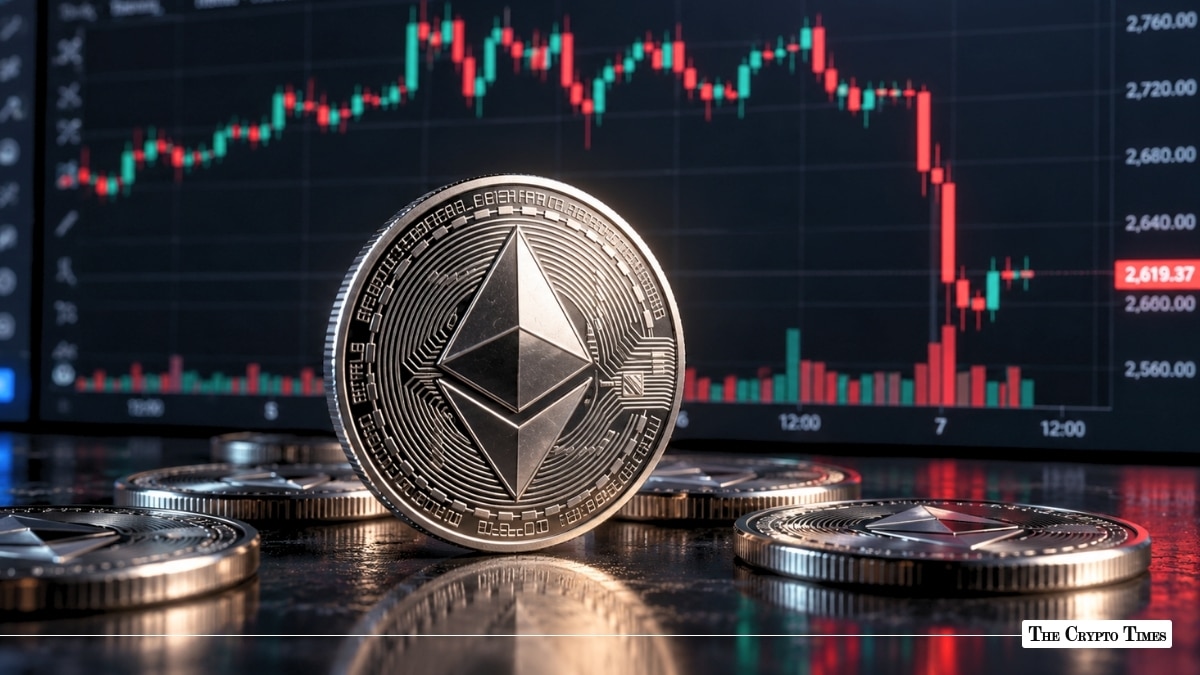 Silver Ethereum coin in front of a market candlestick chart
