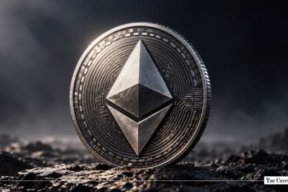 Silver Ethereum ETH coin standing on rocky terrain