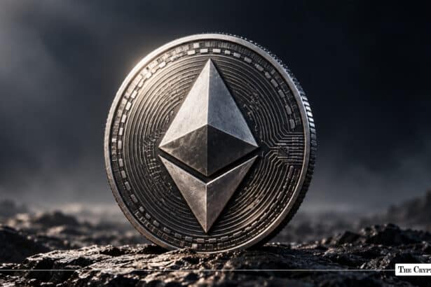Silver Ethereum ETH coin standing on rocky terrain
