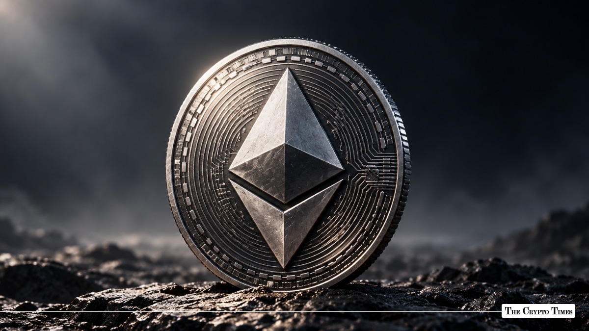 Silver Ethereum ETH coin standing on rocky terrain