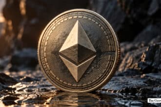 Physical gold Ethereum (ETH) token resting upright on a dark, wet rocky surface at sunset