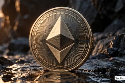 Physical gold Ethereum (ETH) token resting upright on a dark, wet rocky surface at sunset