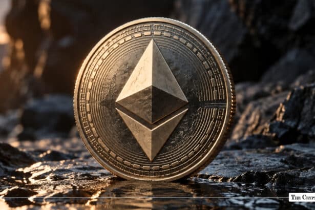 Physical gold Ethereum (ETH) token resting upright on a dark, wet rocky surface at sunset