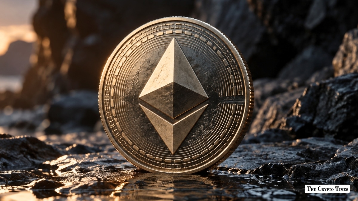Physical gold Ethereum (ETH) token resting upright on a dark, wet rocky surface at sunset