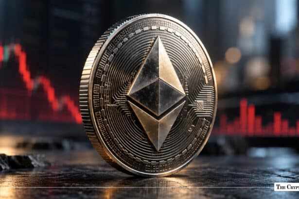 Physical silver Ethereum (ETH) token coin standing upright on a reflective dark surface in front of a red market chart