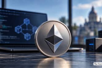 Physical silver Ethereum coin standing on a table in front of a laptop displaying blockchain code.