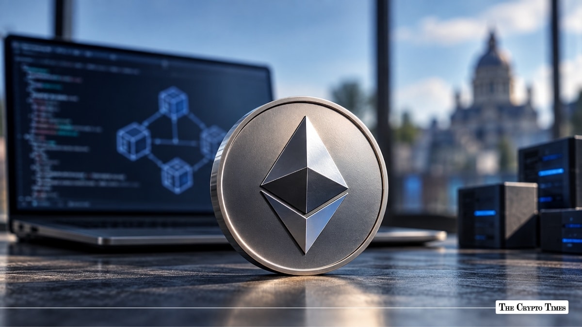 Physical silver Ethereum coin standing on a table in front of a laptop displaying blockchain code.