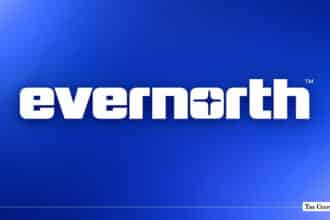 White Evernorth corporate logo displayed against a blue gradient background.
