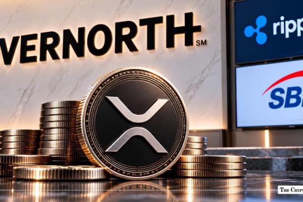 Physical XRP coin standing in front of an Evernorth wall sign with Ripple and SBI logos displayed.