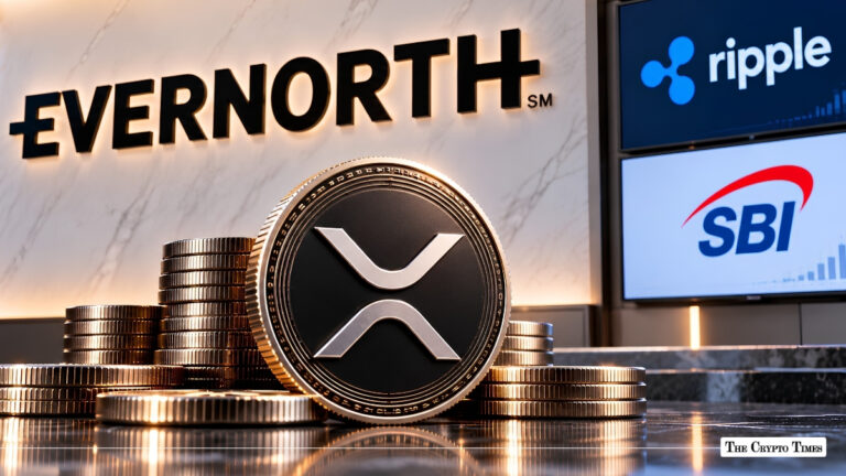 Physical XRP coin standing in front of an Evernorth wall sign with Ripple and SBI logos displayed.