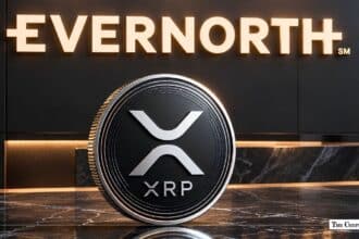 Physical XRP coin standing upright in front of an illuminated Evernorth wall sign.