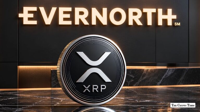 Physical XRP coin standing upright in front of an illuminated Evernorth wall sign.