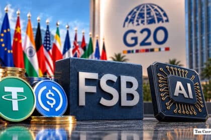 Tether, USDC, FSB block, and AI chip set against international flags and G20 summit signage.