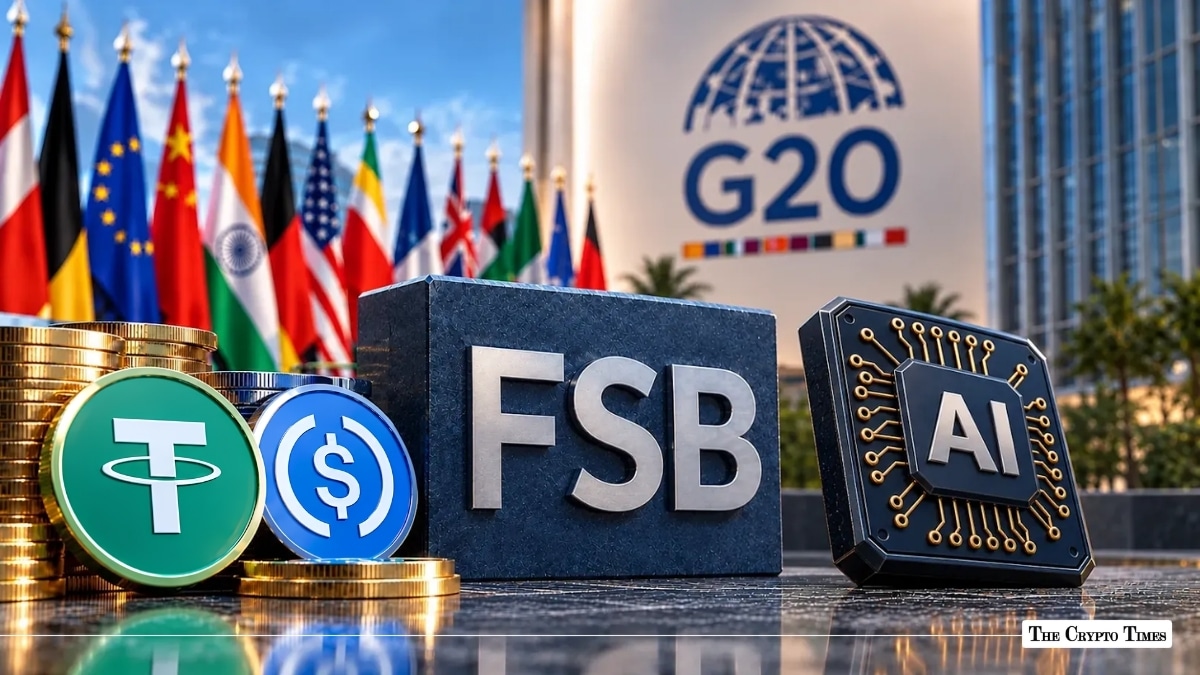 Tether, USDC, FSB block, and AI chip set against international flags and G20 summit signage.