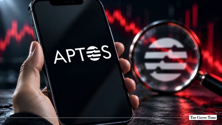 Smartphone screen displaying the Aptos APT logo next to a magnifying glass and red market trend chart