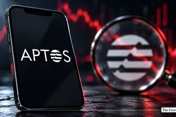 Smartphone displaying the Aptos logo next to a magnifying glass showing the Aptos emblem in front of a red market chart.
