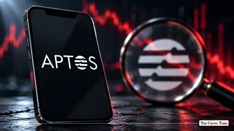 Smartphone displaying the Aptos logo next to a magnifying glass showing the Aptos emblem in front of a red market chart.