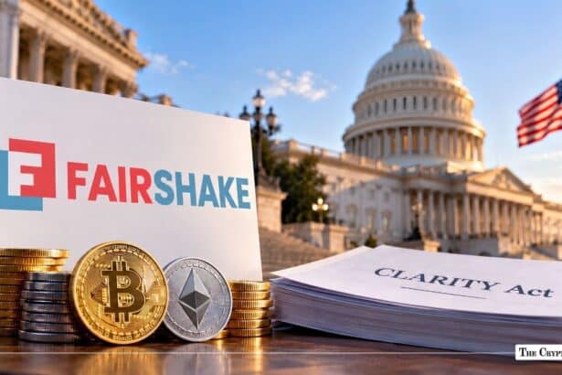 Fairshake PAC sign and CLARITY Act documents with Bitcoin and Ethereum coins in front of the U.S. Capitol.