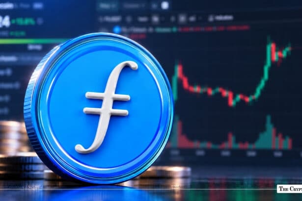 Blue Filecoin FIL token coin in front of a market price chart