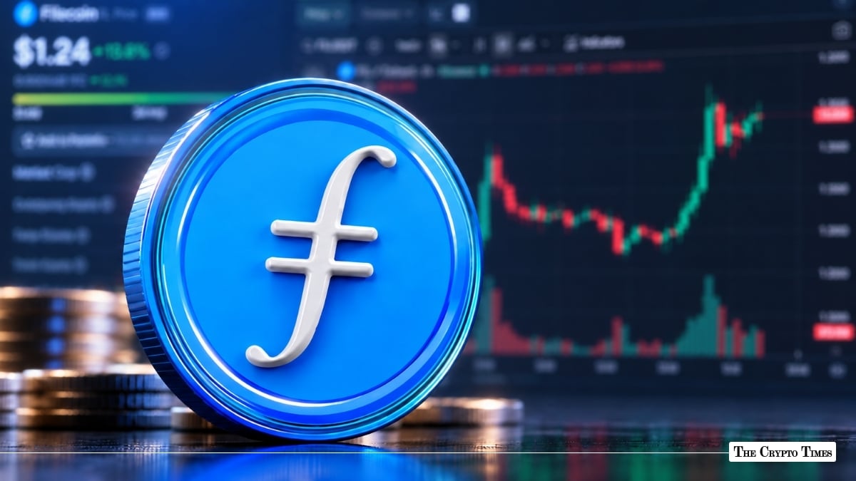 Blue Filecoin FIL token coin in front of a market price chart