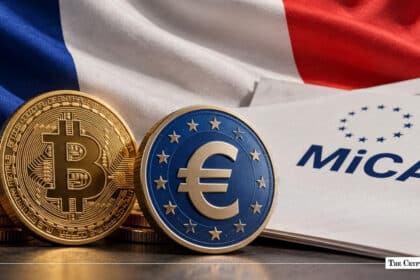 Gold Bitcoin coin and Euro coin alongside a MiCA regulation document and French flag
