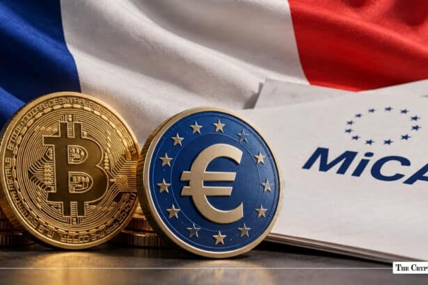 Gold Bitcoin coin and Euro coin alongside a MiCA regulation document and French flag