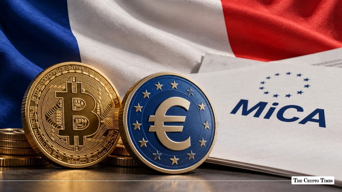 Gold Bitcoin coin and Euro coin alongside a MiCA regulation document and French flag