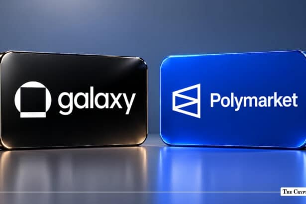 Galaxy and Polymarket corporate logos displayed side by side on dark and blue metallic plaques.