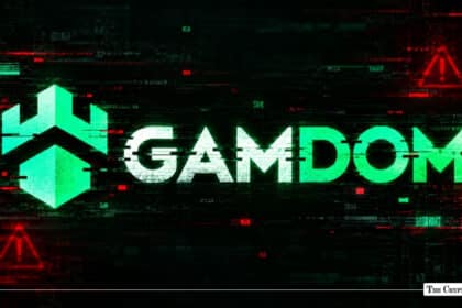 Gamdom logo with digital glitch effects and red warning signs