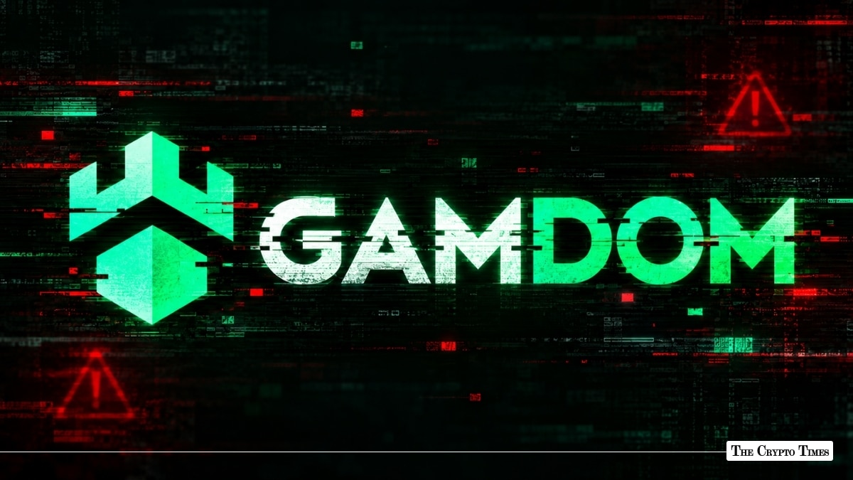 Gamdom logo with digital glitch effects and red warning signs