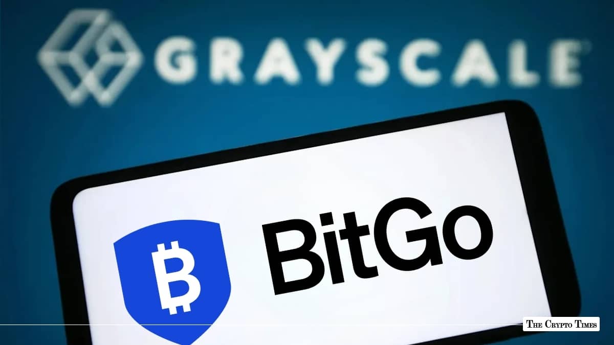 Smartphone showing the BitGo brand logo overlaid on a background featuring the Grayscale Investments corporate name and logo