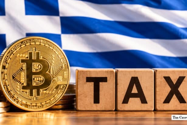 Physical gold Bitcoin coin standing beside wooden blocks spelling "TAX" in front of the flag of Greece