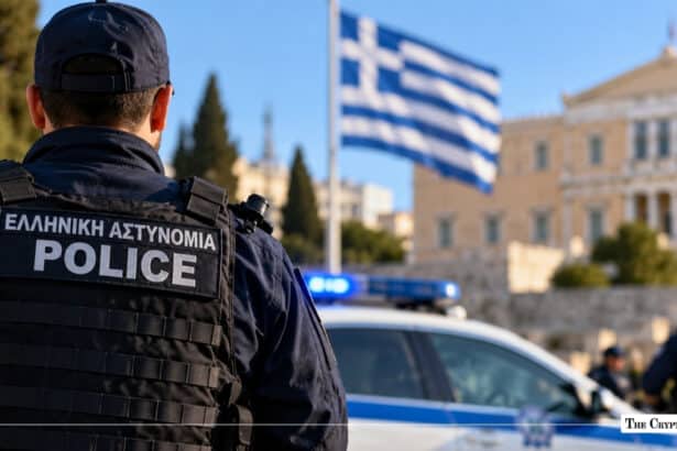 Greek police officer facing away with a police car and the Greek flag in the background.