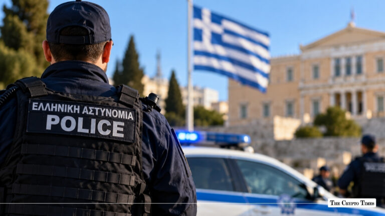 Greek police officer facing away with a police car and the Greek flag in the background.