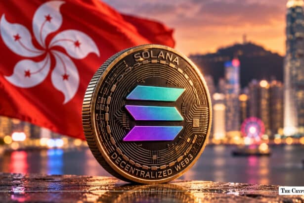Physical Solana (SOL) coin standing upright with the Hong Kong flag and Victoria Harbour skyline in the background