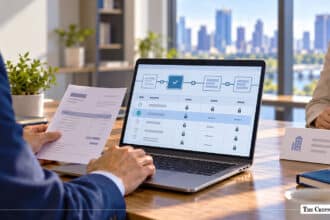 Executive reviewing encrypted enterprise blockchain data on a laptop