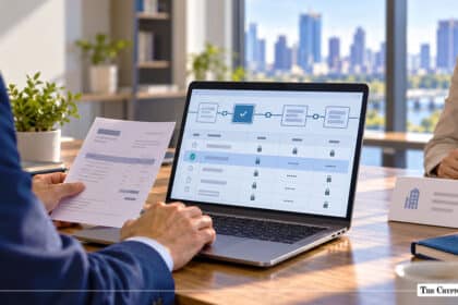 Executive reviewing encrypted enterprise blockchain data on a laptop