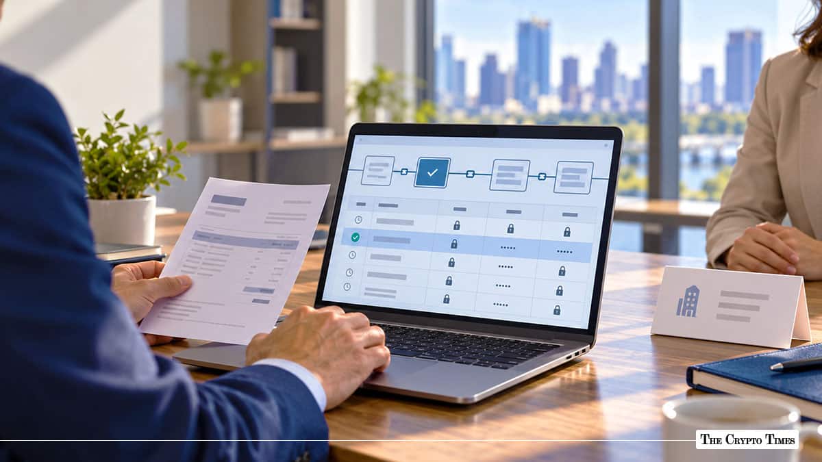 Executive reviewing encrypted enterprise blockchain data on a laptop