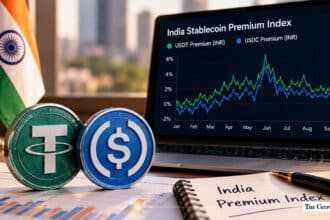 USDT and USDC coins beside a laptop displaying an illustrative India Stablecoin Premium Index chart, with an Indian flag and a notebook labeled “India Premium Index” on the desk.