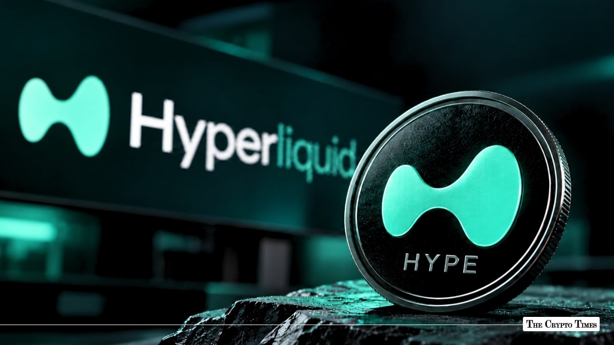 Physical Hyperliquid (HYPE) token coin standing upright with the green Hyperliquid logo and text displayed on a screen in the background