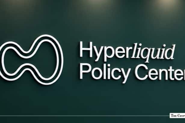 White 3D Hyperliquid Policy Center logo and signage mounted on a dark green wall.