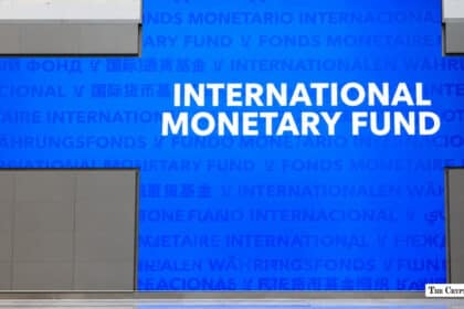 International Monetary Fund IMF signage displayed on a blue wall in multiple languages