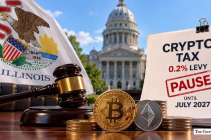 Bitcoin and Ethereum coins beside a gavel and an Illinois crypto tax pause notice