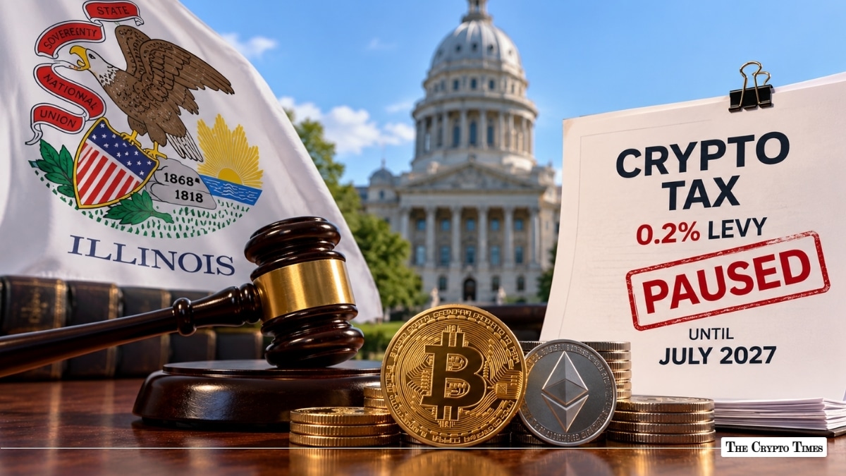 Bitcoin and Ethereum coins beside a gavel and an Illinois crypto tax pause notice