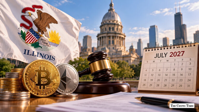 Bitcoin and Ethereum coins beside a gavel, Illinois state flag, and a calendar showing July 2027 in front of the Illinois State Capitol.