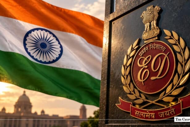 Directorate of Enforcement (ED) emblem with the Indian national flag in the background