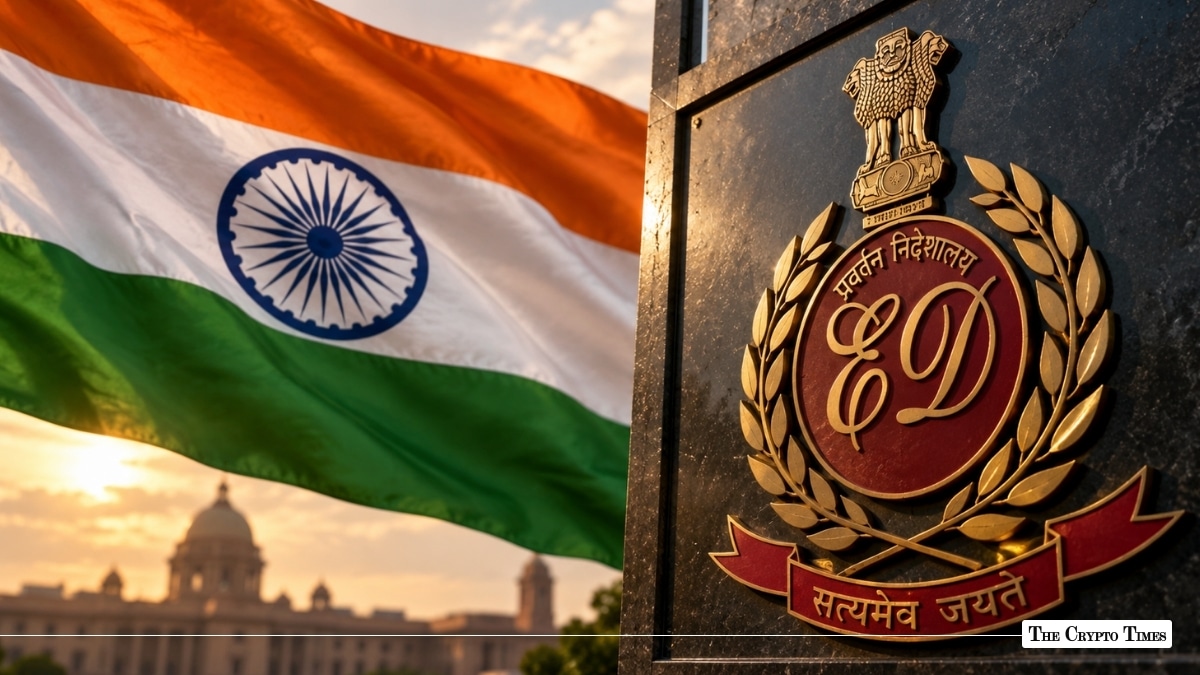 Directorate of Enforcement (ED) emblem with the Indian national flag in the background